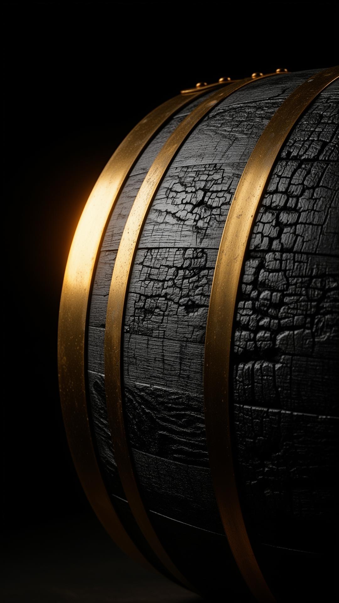 Charred oak barrel with brass bands